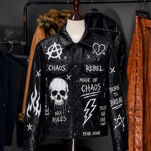 Veste en cuir PU pour homme, style punk, imprimé graffiti de crâne, col rabattu, vêtement d'automne - Product Image 5