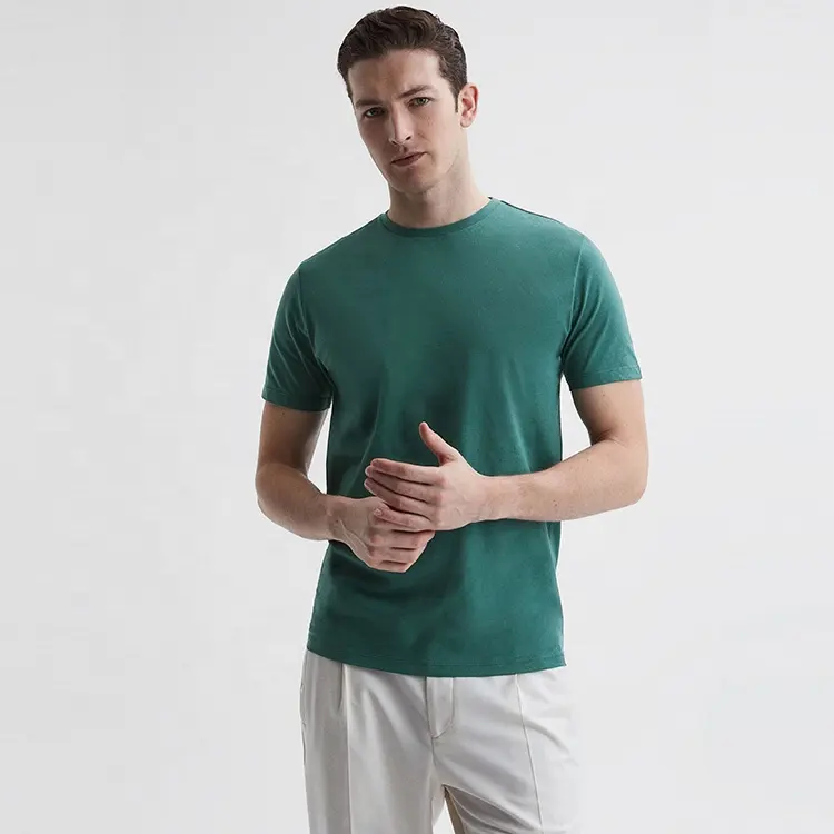 Kaus pria katun leher kru hijau pinus klasik pas standar kualitas tinggi kustom grosir OEM