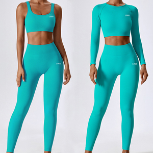 3 Pieces Seamless Spandex Sports Yoga Set Workout <b>Long</b> Sleeve Crop <b>Tops</b> Activewear Gym Fitness Apparel with Front Logo for <b>Women</b> - Product Image 6