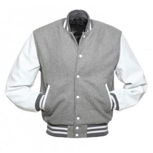 Veste de baseball de qualité supérieure, sur mesure, pour équipe universitaire, corps gris, manches en cuir blanc. - Product Image 5