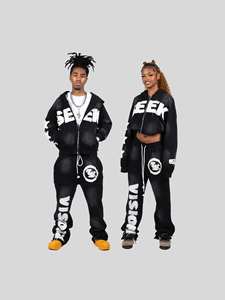 Ensemble de survêtement noir à capuche pour homme en coton, respirant, léger, coupe ample, style streetwear, fermeture éclair intégrale sur le côté - Product Image 2