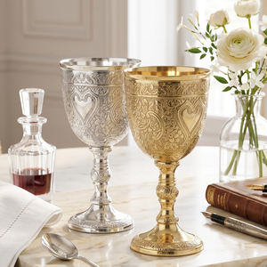 Ensemble de calices décoratifs avec motif floral en argent et or gravé, coupes en métal pour la cérémonie de mariage, table de réception - Product Image 1
