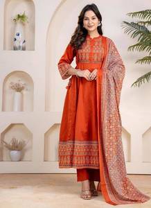 <b>Women</b> Cotton Salwar Kameez Set Orange Embroidered Traditional Ankle-Length Loose Fit Ethnic Outfit for Casual Wear India - Product Image 1
