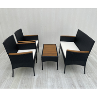 Ensemble de canapé d'extérieur moderne en rotin 4P00077 avec table basse, chaise, en osier noir, bois d'acacia, coussins blancs et crème, mobilier d'extérieur pour salon