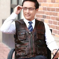 Gilet chauffant en cuir de vachette pour homme, col en V, imperméable, sans manches, marron, épais, de haute qualité, pour moto, décontracté, hiver