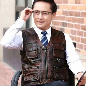 Cowhide Leather Vest Men <b>Brown</b> Waistcoat Male Sleeveless <b>Jacket</b> Thick High Quality Motorcycle Vest Multi Pocket Zipper - Product Image 4