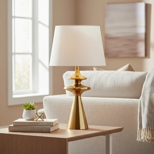 Lampe de table moderne simple en métal doré en forme de cône avec base E26, type C, AC, taille moyenne, lampe décorative pour salon, bureau - Product Image 1