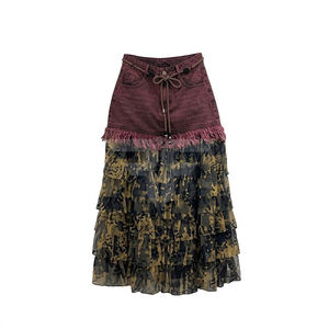 2026 Autumn and Winter New Retro Elastic Denim <b>Patchwork</b> Leopard Print Mesh Mid Length <b>Skirt</b> Large Swing <b>Skirt</b> - Product Image 1