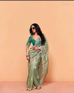 Designer Party Wear Multi Sequence And Thread Embroidery Work Moss Chiffon Saree Paired With Banglori <b>Silk</b> Embroidered Blouse - Product Image 1