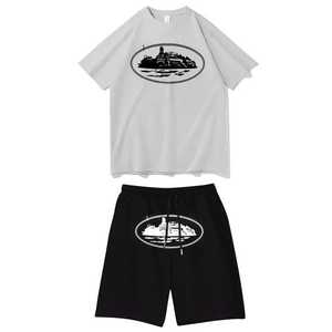 Conjunto de camiseta azul marino y pantalones cortos negros para hombre con estampado de crucero, atuendo informal de verano, conjunto de dos piezas de algodón transpirable. - Product Image 5