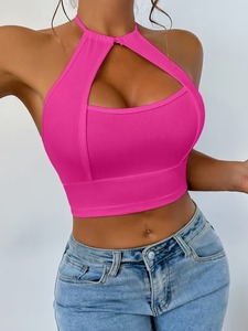 Seamless Ribbed Halter Neck Active <b>Crop</b> <b>Top</b> Keyhole Front Tie Back Gym Bra High Stretch Athletic Fitness Yoga Tank - Product Image 3