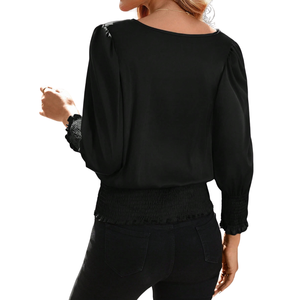 Chemisier noir à manches longues pour femme, col rond, taille smockée, poignets décontractés, élégant, coupe ample, idéal pour le bureau et le quotidien, tendance - Product Image 2