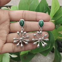 Anting Bentuk Bunga dengan Batu Malachite Alami Berlapis Perak Perhiasan Kuningan Wanita Gaya Vintage Bohemia Anting Fashion