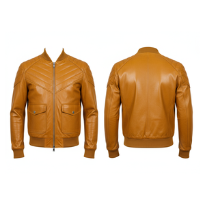 Veste de moto en cuir véritable pour homme, couleur vert-bleu foncé, col montant, épaules matelassées, style motard - Product Image 3