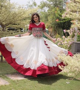 Embroidered Indian Navratri Festival Wear Set V Neck Silk Floor-Length <b>Lehenga</b> Choli White <b>Red</b> Floral Folk Dress <b>Wedding</b> Choli - Product Image 1