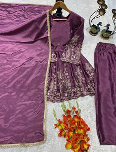 TENNECY New Designer Collection Fully Stitched Stretchable Ready-to-Wear Indian Pakistani CHINON SILK <b>Top</b> Pant Dupatta Set - Product Image 3