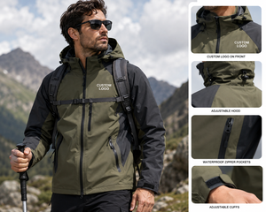 Men's Waterproof Hooded Hiking <b>Jacket</b> Olive Green With Custom Logo Front Zipper Sporty Winter Wear Men Hiking <b>Jacket</b> - Product Image 3