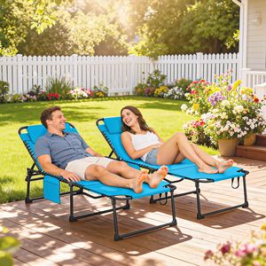 Set di 2 Sdraio Pieghevoli Blu per Piscina con Schienale Reclinabile a 5 Livelli, Foro per la Lettura e Tasca Laterale - Product Image 2