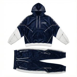 Ensemble de survêtement pour homme, pantalon baggy et veste, deux pièces, en velours, avec strass, délavage acide, écologique, streetwear lourd, sur mesure, vente en gros - Product Image 1