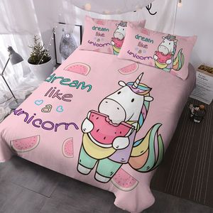 Set Copripiumino 3 Pezzi Queen Size con Motivo Unicorno e Anguria, Leggero, Rosa, Disponibile Anche in Misura King - Product Image 1