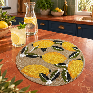 Yellow Lemon <b>Glass</b> Bead Placemat Olive Green Leaves | Reversible Style Heat Resistant Durable Handmade Eco-Friendly <b>Table</b> <b>Mat</b> - Product Image 2