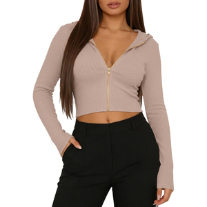 Top Corto con Capucha de Punto Acanalado Beige para Mujer, de Alta Calidad, ODM OEM, Manga Larga, Cierre Frontal con Cremallera, Color Sólido, para Otoño - Product Image 1