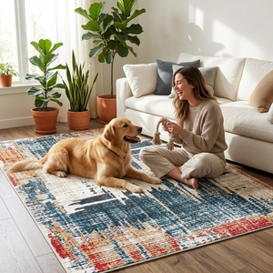 Tapis rectangulaire épais à imprimé floral moderne de qualité supérieure |   Tapis en polyester à poils ras, adapté aux animaux domestiques, fabriqué à la machine, durable, en polypropylène et PVC - Product Image 2