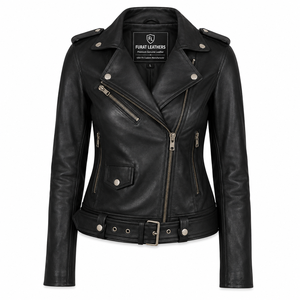 Blouson de motard en cuir noir Alison Flashback avec fermeture éclair, col ouvert, couleur unie, coupe-vent d'automne en polyester tricoté - Product Image 1