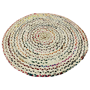 Tapis rond artisanal 100 % laine blanc cassé, coloré, en chindi recyclé, tressé, à tissage plat en spirale, style bohème, pour accent de décoration - Product Image 5