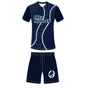 Ensemble short et maillot de rugby bleu marine et blanc, manches courtes, col en V, motif géométrique, uniforme d'équipe personnalisé, respirant, pour entraînement sportif - Product Image 1