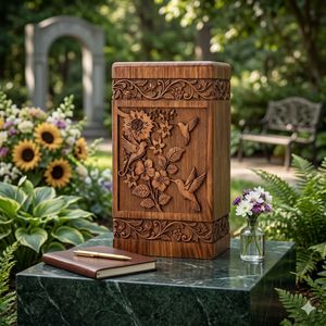 Urna Funeraria de Madera Hecha a Mano con Tallado Floral de Pájaro, Caja Conmemorativa para Entierro - Product Image 4