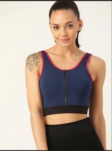 Sujetador deportivo azul marino para mujer con ribete rojo y cierre de cremallera frontal para yoga, fitness, entrenamiento, ropa deportiva - Product Image 4
