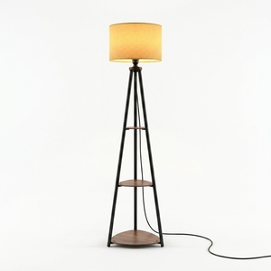 AH CREATIONS Industrial Modern Tripod Floor <b>Lamp</b> Wooden <b>Shelves</b> Metal Frame Customizable Color Warm Light Shade Wedding - Product Image 1