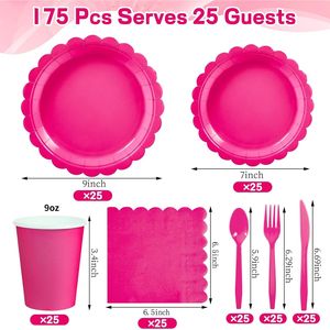 Kit di Articoli per Feste Usa e Getta per 25 Ospiti, 175 Pezzi, Piatti, Tovaglioli, Bicchieri e Posate in Carta Rosa Intenso con Design a Festoni - Product Image 2