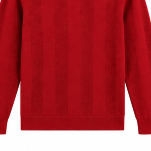 Bright <b>Red</b> Mens <b>Long</b> <b>Sleeve</b> Knit Polo Shirt Textured Stripe Design Ribbed Cuffs Casual Pullover Premium Fashion <b>Top</b> - Product Image 6