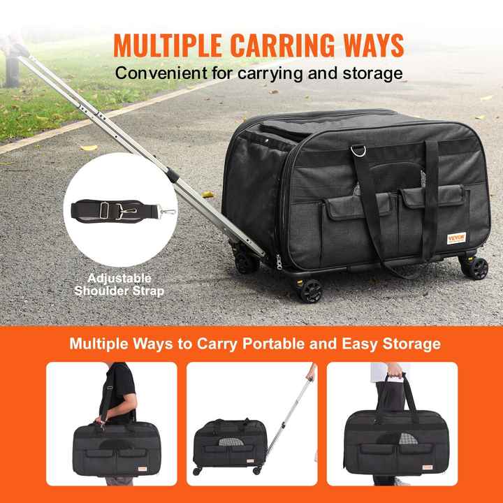Black Cat and Dog Carrier with Rolling Wheels 1 Folding Bowl Telescopic Handle-Pet Carrier up to 35 Lbs for Shoulder Strap
