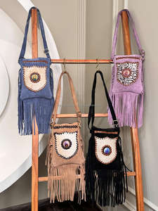 Nouvel arrivage de sacs à main en cuir occidental Boho Tan pour femmes Hippie tressé daim fourrure frange gland fermeture éclair Mini sac à bandoulière broderie - Product Image 3