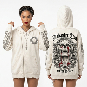 Sudadera con capucha de cremallera completa para mujer, 500GSM, forro polar grueso, azul turquesa, con gráfico de calavera, efecto desgastado, lavado ácido, hombros caídos - Product Image 5