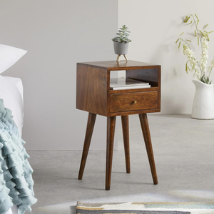 Solid Wood Modern Nightstand with <b>Drawer</b> and Open Shelf Brown Bedroom Furniture - Product Image 1