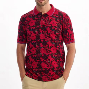 เสื้อโปโลแขนสั้นผู้ชาย ลายดอกไม้สีแดง ผ้าฝ้าย ทรงปกติ สวมใส่สบาย ระบายอากาศได้ดี ดีไซน์ติดกระดุมด้านหน้า - Product Image 1