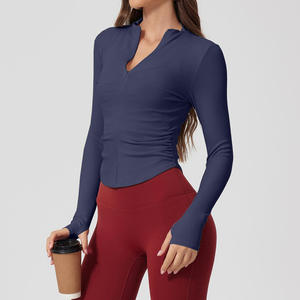 เสื้อยืดออกกำลังกายแขนยาวคอวีรัดรูปสำหรับผู้หญิง รุ่นปี 2026 สีงาช้าง กรมท่า ดำ แดง ทรงเข้ารูป มีรูสำหรับนิ้วโป้ง เหมาะสำหรับโยคะ ฟิตเนส ออกกำลังกาย ทรงบอดี้คอน HD - Product Image 1