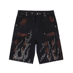 Pantalones Cortos Vaqueros Personalizados para Hombre con Pedrería, Estilo Vintage, Lavado Desgastado, Tipo Carpintero, con Bajo Deshilachado y Borde Crudo, Venta al por Mayor - Product Image 3