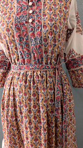 Cotton <b>Linen</b> Block Print Maxi <b>Dress</b> O-Neck Tie Dye Woven Technique Breathable Vacation <b>Dress</b> Button Natural Waist Belt - Product Image 3