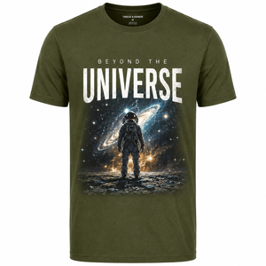 Camiseta de Hombre Thread & Harbor, Color Verde Oliva, con Estampado de Astronauta Beyond The Universe, Manga Corta, Cuello Redondo, Corte Regular, Informal, 100% Algodón - Product Image 1