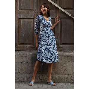 Vestido midi azul floral cruzado para mujer, con cuello en V, manga corta, informal, de algodón, para verano - Product Image 2