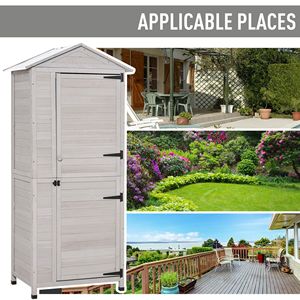 Armadio Porta Attrezzi da Giardino in Legno Grigio Chiaro a 4 Ripiani, Organizzatore da Esterno a 3 Scaffali con Chiusura Magnetica e Tetto in Lamiera - Product Image 5
