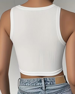 Customizable Black Ribbed Women's Polyester/Cotton Breathable Knitted Solid Short Sleeveless Casual Tank Top 160g Crew Front - Product Image 2
