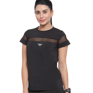 T-shirt de sport d'été pour femme en jersey noir, respirant, à manches courtes, avec dentelle et détails plissés, idéal pour la gym, l'entraînement, la course et le fitness - Product Image 1