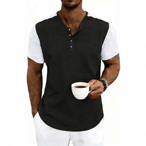 Bangladesh CN Factory Price Men's Plus Size Waffle Henley <b>T</b> <b>Shirt</b> Short Sleeve Contrast Breathable Knitted Summer Tee Casual - Product Image 6