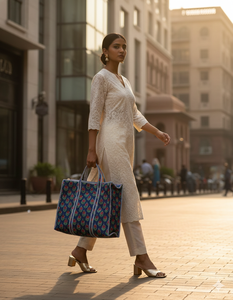 Bolsa de Mano de Algodón con Estampado Floral Azul Rey y Rojo para Mujer, Elegante, Étnica, para Compras, Viajes, Oficina, Bolsa de Hombro - Product Image 2